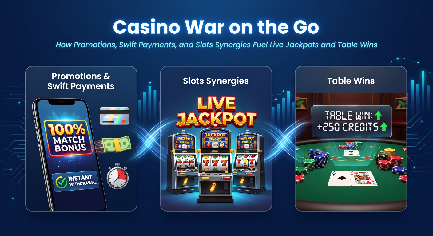 Smartphone-scherm met mobiele Casino War-game, weergevend promotiebonussen, snelle betaalopties en een draaiende slot met jackpotpotentieel
