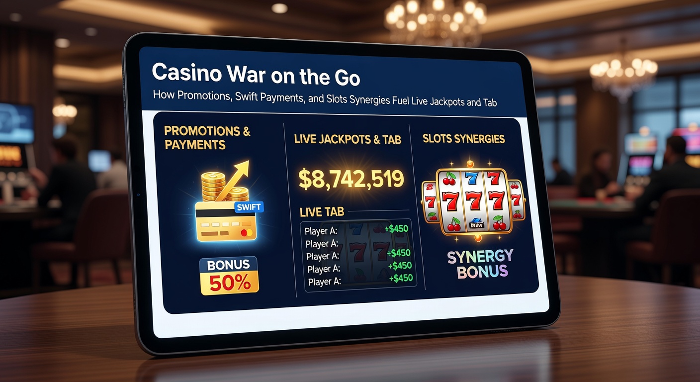 Dynamische weergave van snelle mobiele betaling via app, gekoppeld aan Casino War-winst en een exploderende slot-jackpot