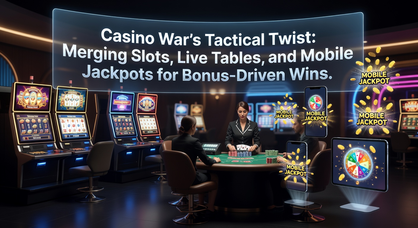 Spannende Casino War-tafel met geïntegreerde slots en mobiele jackpot-displays, waar spelers tactisch kaarten vergelijken terwijl jackpots oplichten