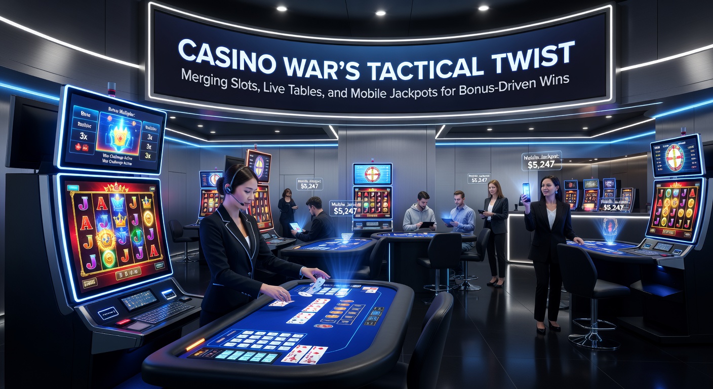 Mobiele scherm met Casino War live stream, draaiende slots en klimmende jackpot-meter tijdens een intense tie-resolutie