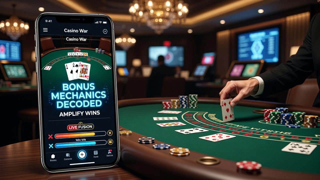 Mobiele Casino War interface met bonus indicatoren en live tafel integratie