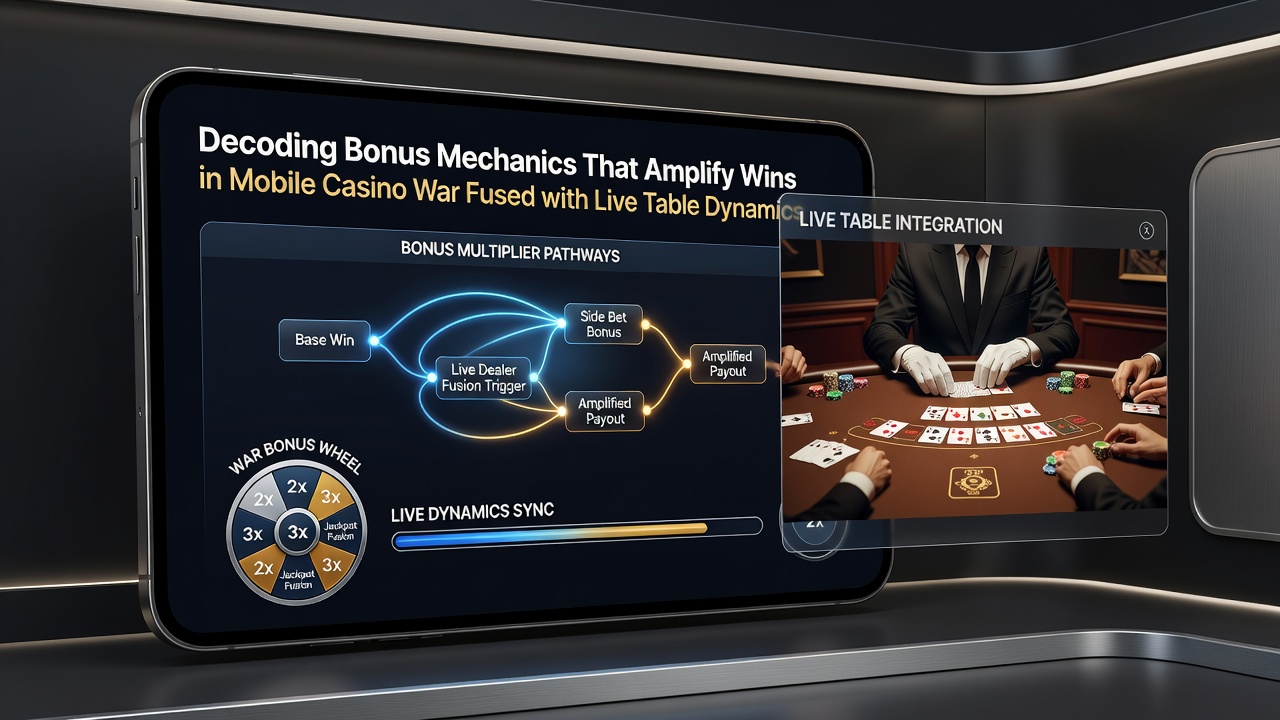 Live dealer Casino War tafel met mobiele bonus overlay en win animaties