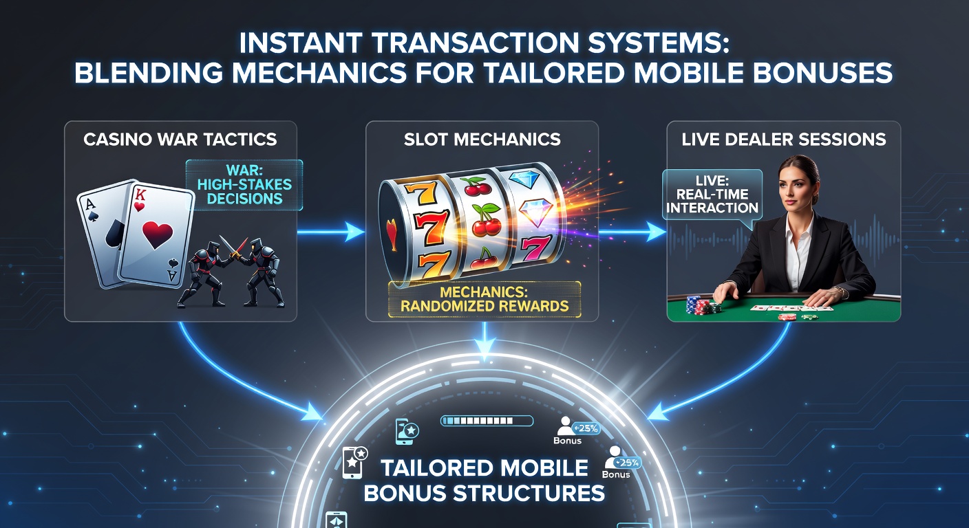 Illustratie van instant transacties die casino war tactieken combineren met slots en live dealers op mobiele apparaten