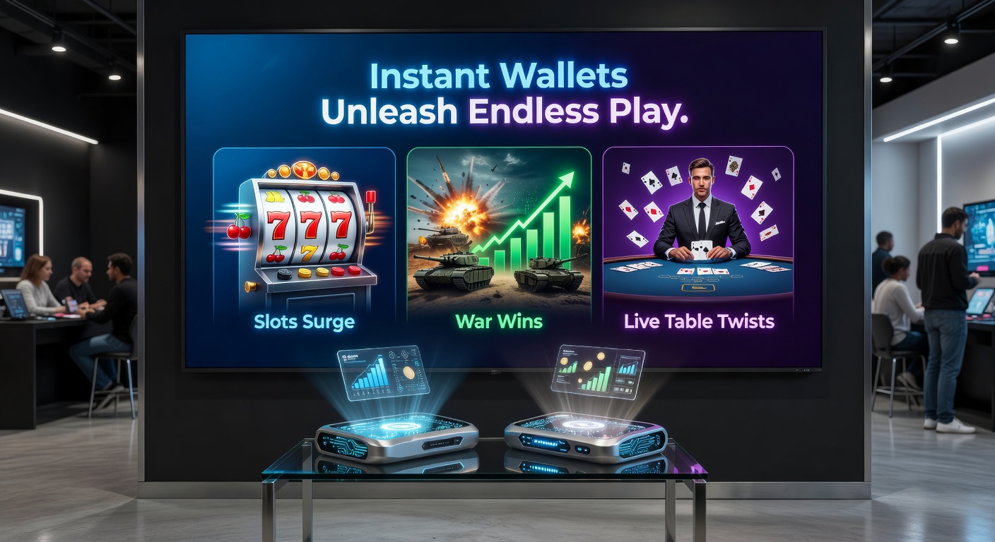Casino War-tafel met live dealer en slots in split-screen, instant wallet icoon op scherm