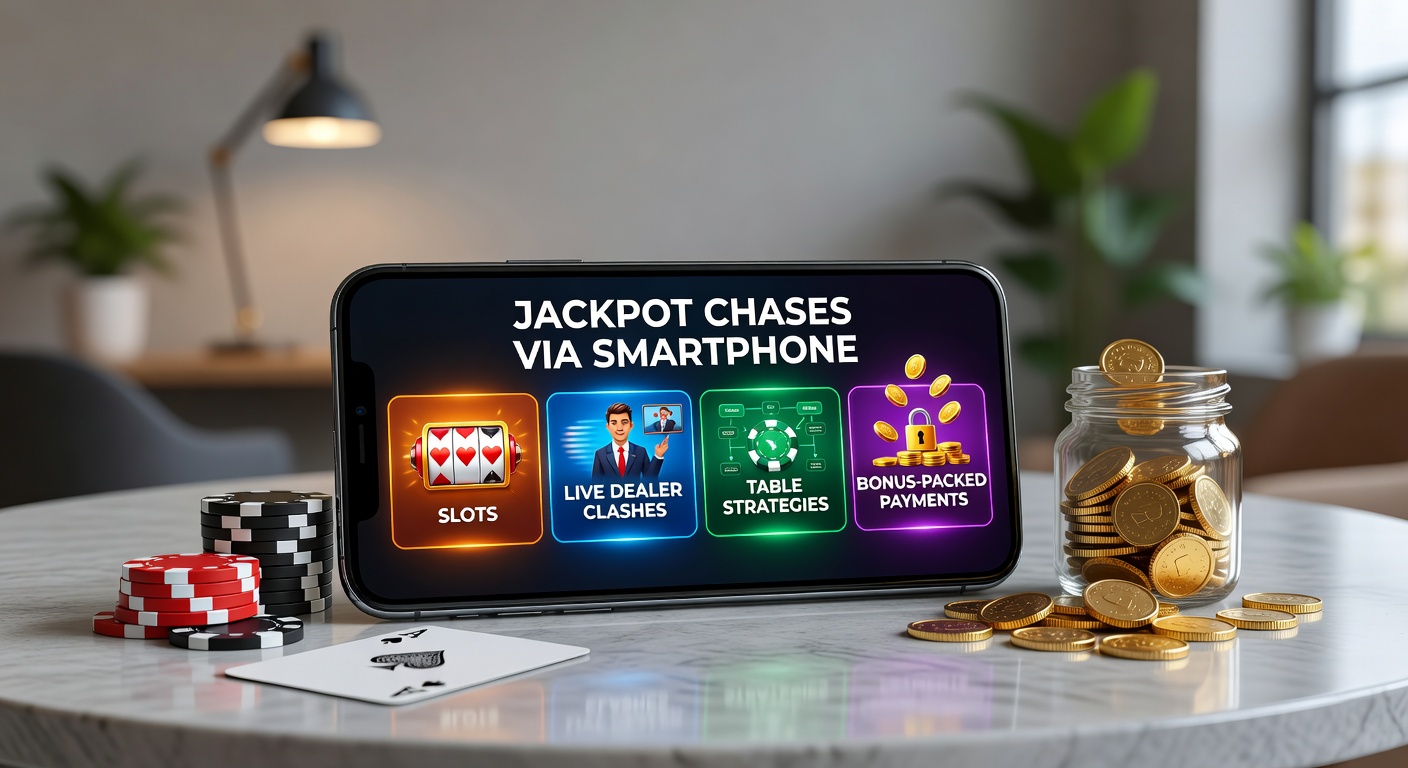 Smartphone met draaiende slotmachine en jackpot teller op een dynamisch casino-scherm, symboliserend mobiele jackpotachtervolgingen