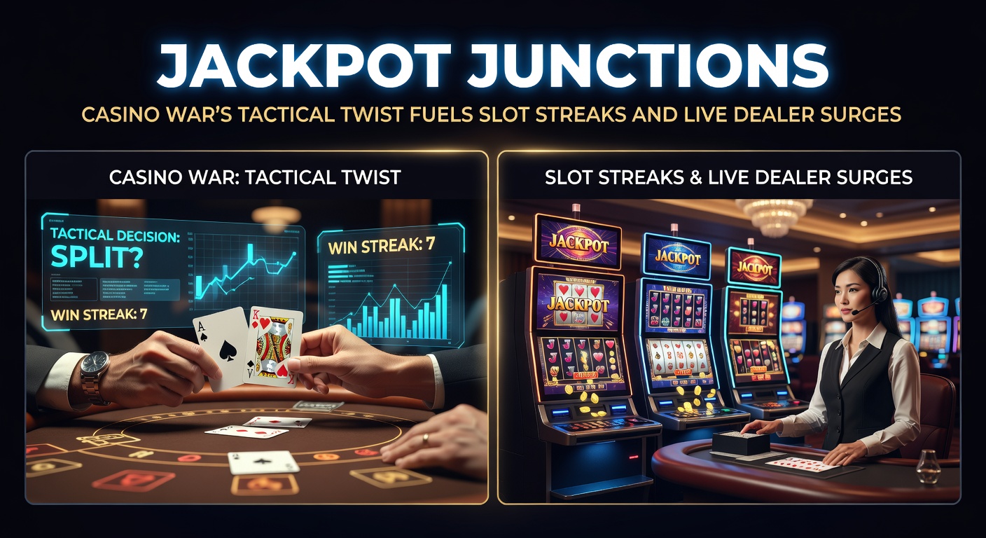 Spelers aan een bruisende Casino War-tafel naast knipperende slotmachines, met live dealers in actie tijdens een jackpotmoment