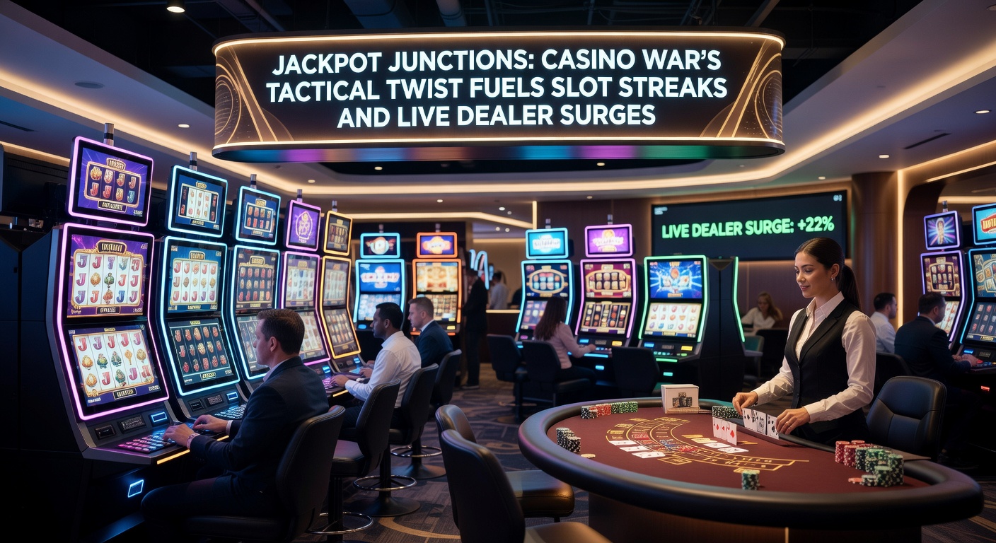 Live dealer leidt een intense Casino War-sessie met spelers die juichen bij een jackpot-link naar slots op nabije schermen