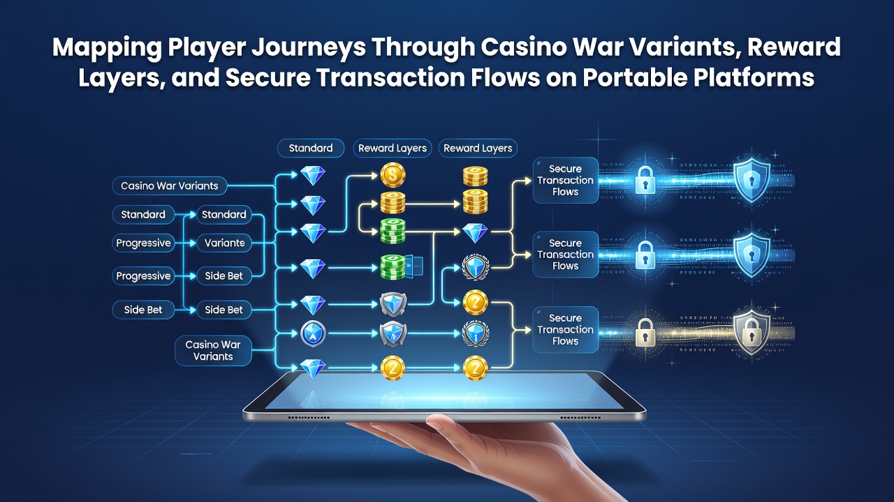 Overzicht van spelersreizen in Casino War varianten op mobiele platforms met beloningslagen en transactiestromen
