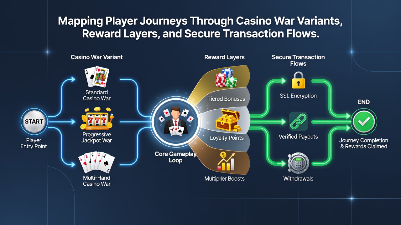 Illustratie van veilige transactieprocessen en beloningsintegratie in mobiele Casino War spellen