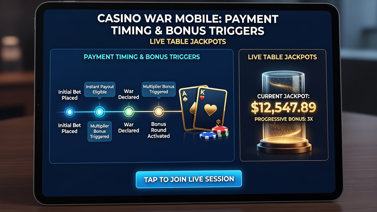 Live Casino War tafel met jackpot meter en mobiele betalingsnotificatie