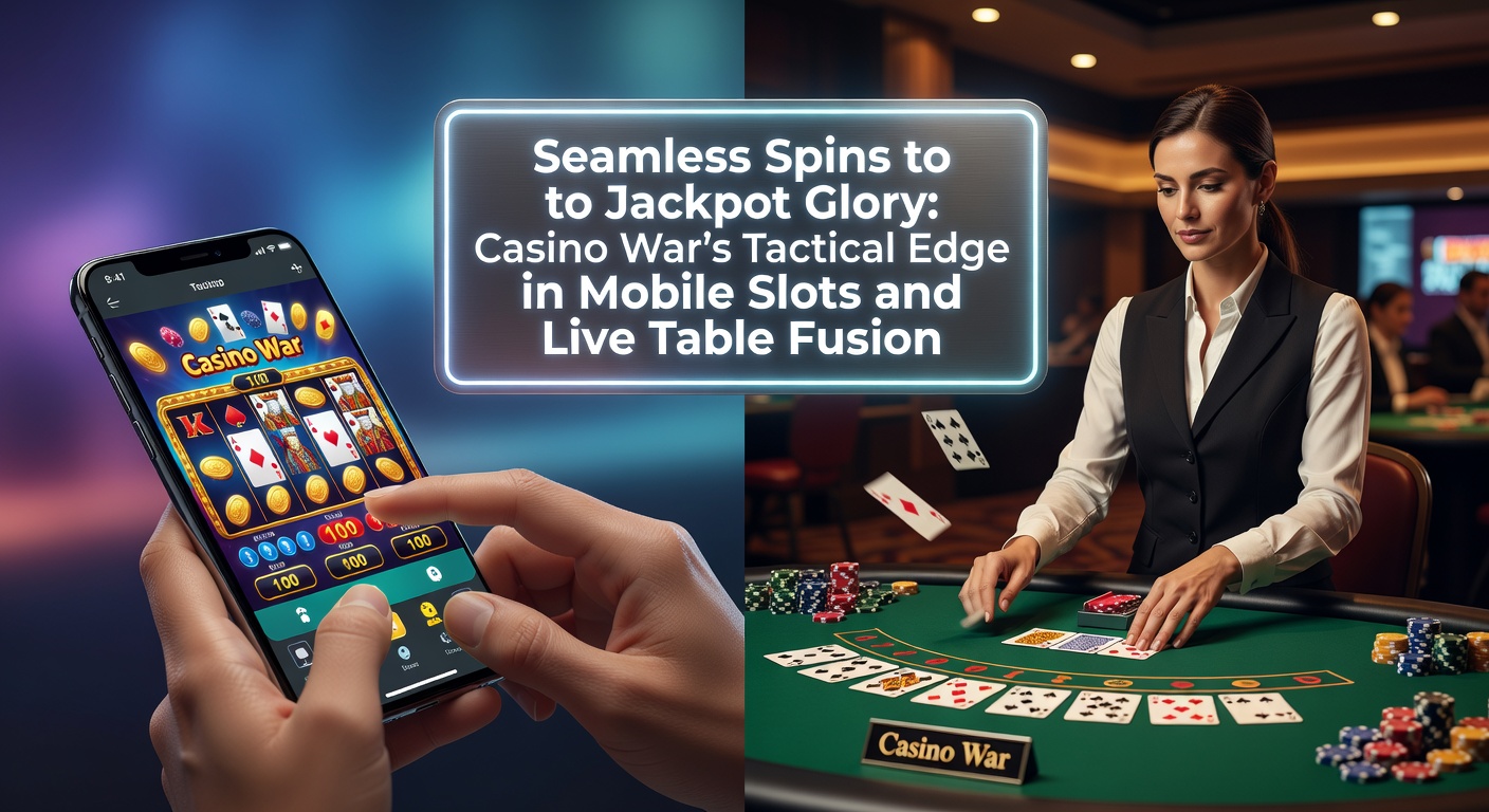 Spannende actie bij een mobiele Casino War-tafel met slots in de achtergrond, waar kaarten en draaiende rollen samenkomen voor jackpotkansen