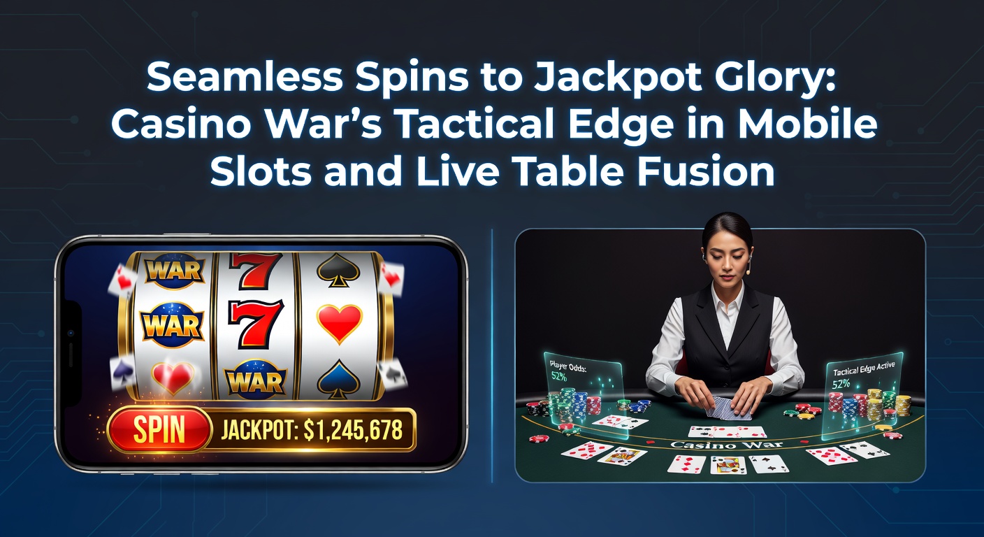 Live dealer bij Casino War-fusie met mobiele slot-elementen, jackpotmeter op de achtergrond die oploopt tijdens een spannende 'war'-ronde