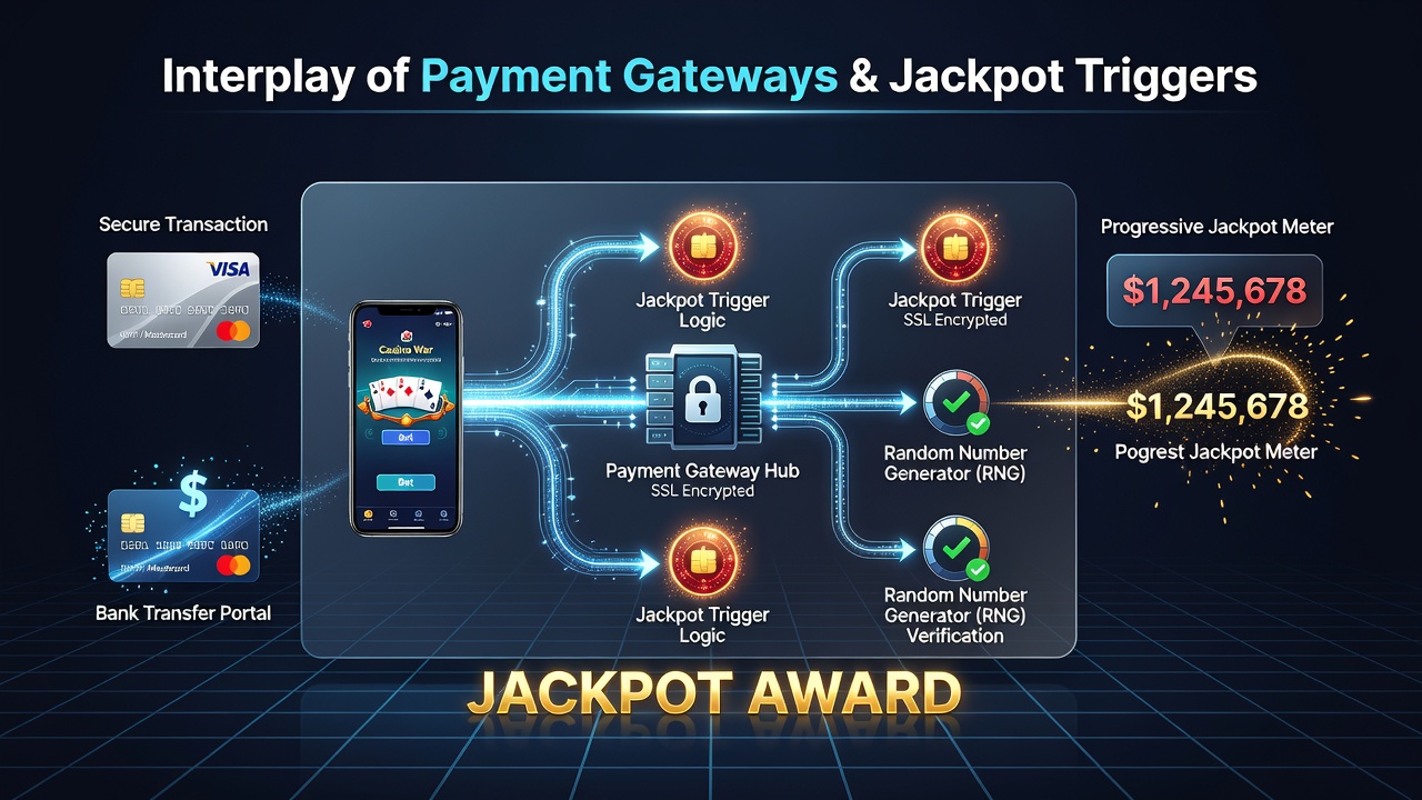Illustratie van jackpot triggers in mobiele Casino War met betalingsintegratie