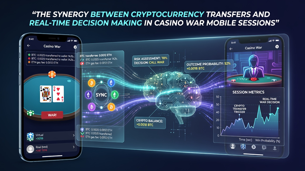 Illustratie van cryptocurrency transacties die samenkomen met mobiele Casino War gameplay